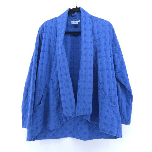 Brie Kriebel Bold Blue All Cotton Open Cardi Blanket Embroidered Quilt Jacket S - Picture 1 of 12